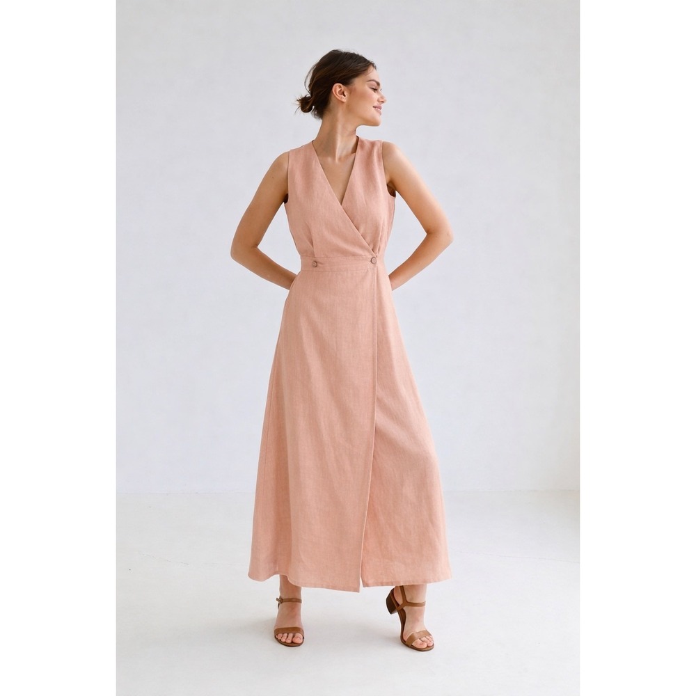 Linen Handmade Studio Riviera Dress Women Sz L Pink Linen Sleeveless Wrap Maxi